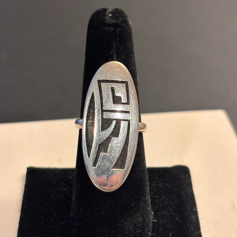 Vintage 1970's Hopi Stamped Signed Overlay Symbol Sterling Silver ring sz 7.75